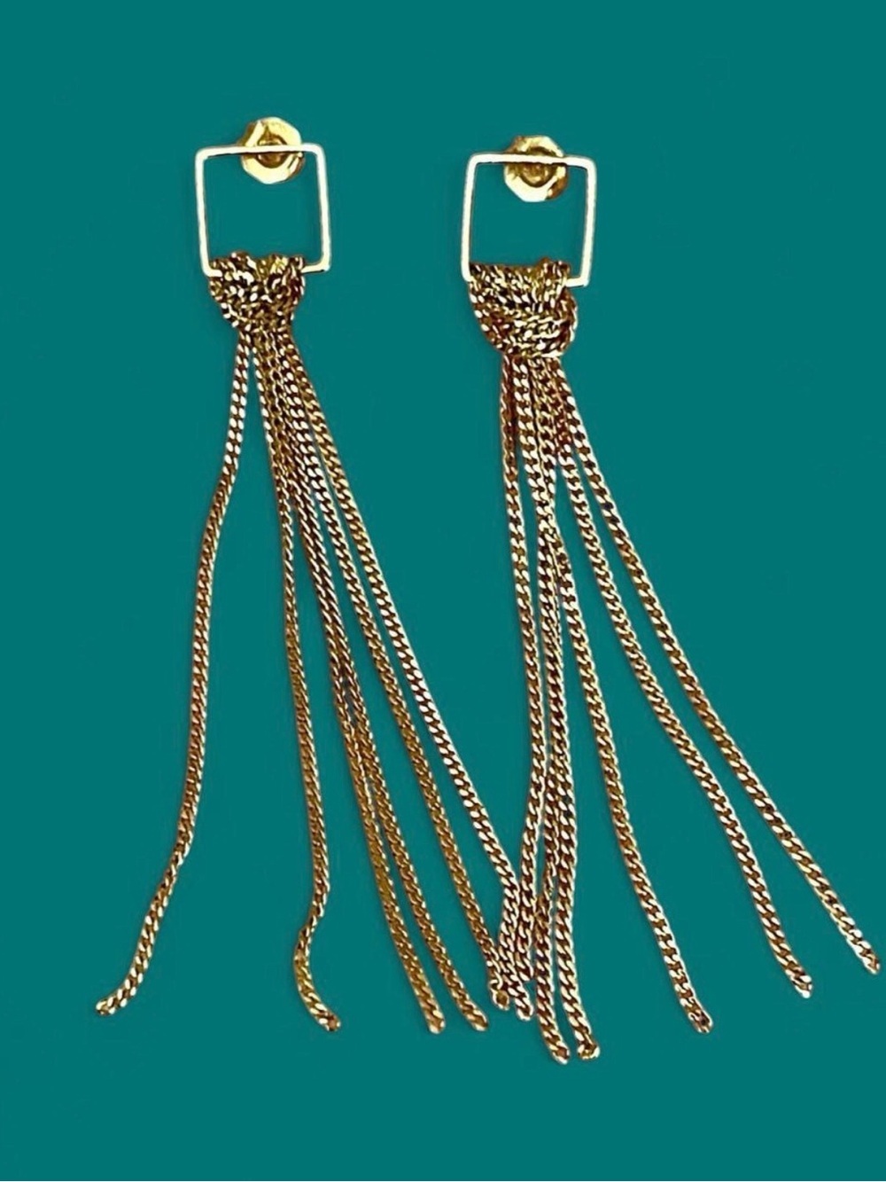 Delicate Gold Tassel Dangle Earrings Chain Fringe Geometric Square Lightweight
